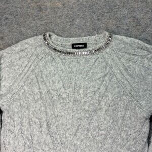 Express Womens Gray Rhinestone Cable Knit Long Sleeve Pullover Sweater